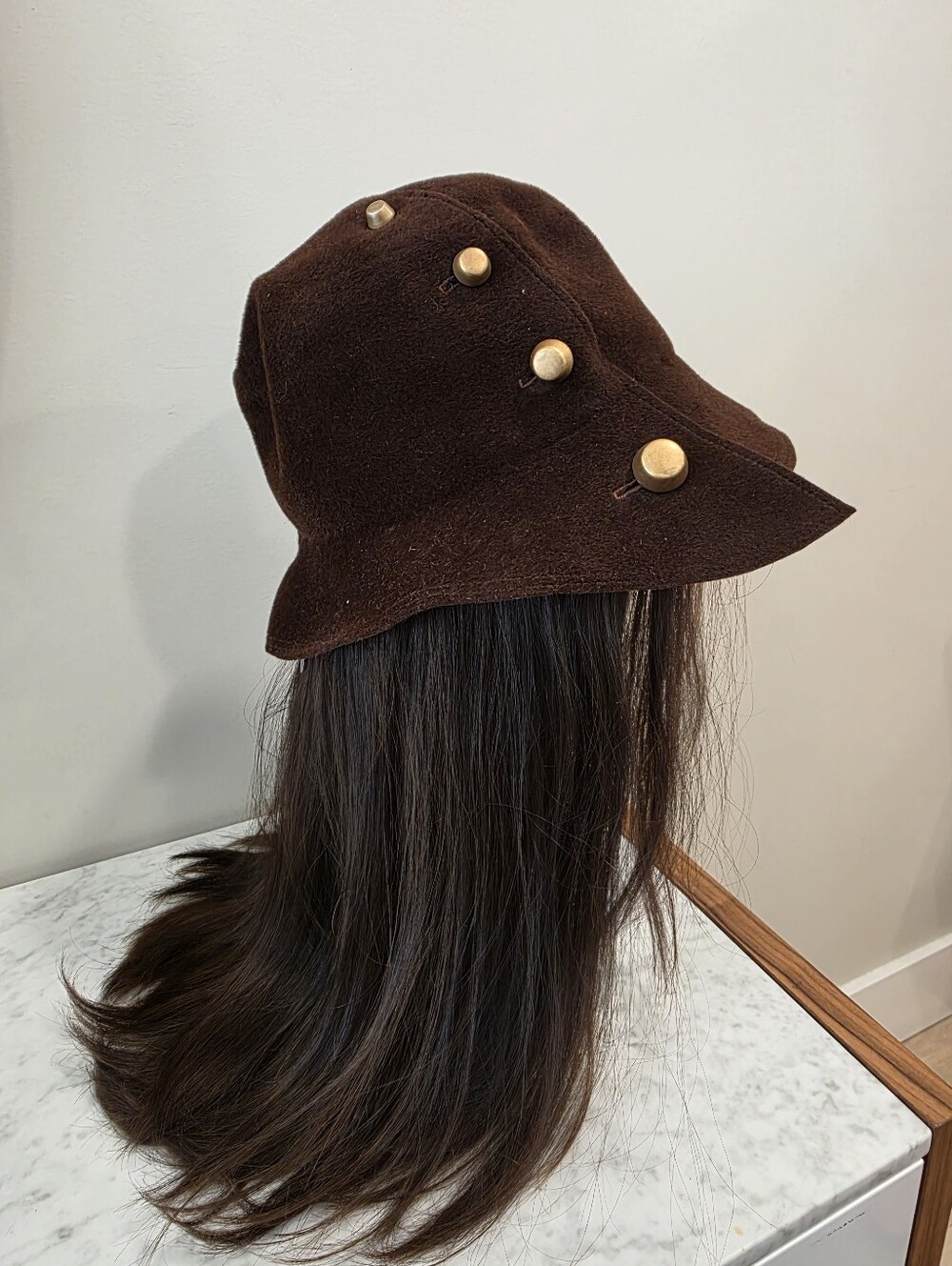 lola Hats Dark Brown Wool Felt Bucket Hat with Gold Buttons